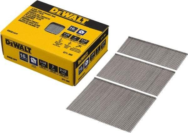 DeWALT - 16 Gauge 2-1/2" Long Finishing Nails for Power Nailers - Steel, Bright Finish, Smooth Shank, Angled Stick Collation, Round Head, Chisel Point - Makers Industrial Supply