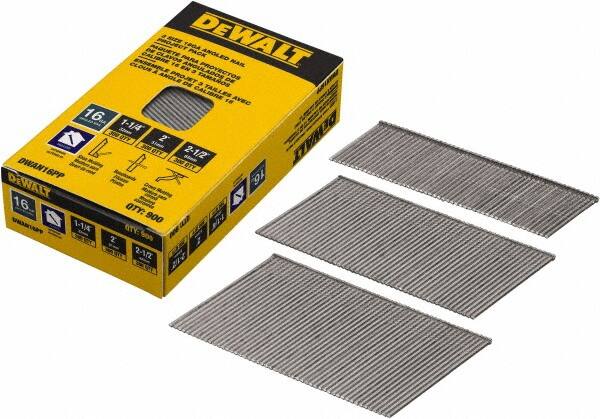 DeWALT - 16 Gauge 2-1/2" Long Finishing Nails for Power Nailers - Steel, Bright Finish, Smooth Shank, Angled Stick Collation, Round Head, Chisel Point - Makers Industrial Supply