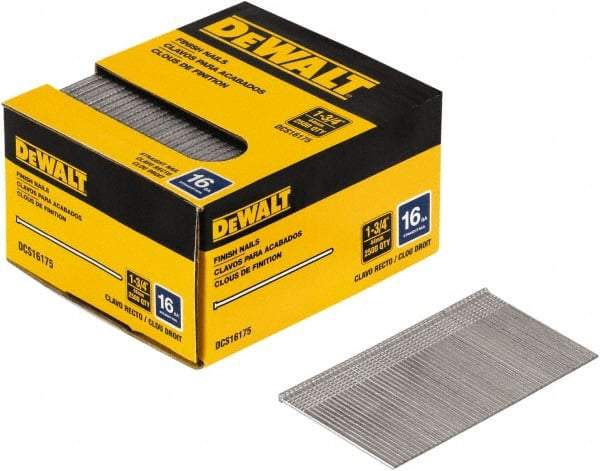 DeWALT - 16 Gauge 1-3/4" Long Finishing Nails for Power Nailers - Steel, Bright Finish, Smooth Shank, Angled Stick Collation, Round Head, Chisel Point - Makers Industrial Supply