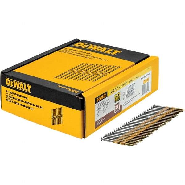 DeWALT - 12 Gauge 2.38" Long Framing Nails for Power Nailers - Steel, Galvanized Finish, Ring Shank, Angled Stick Collation, Round Head - Makers Industrial Supply