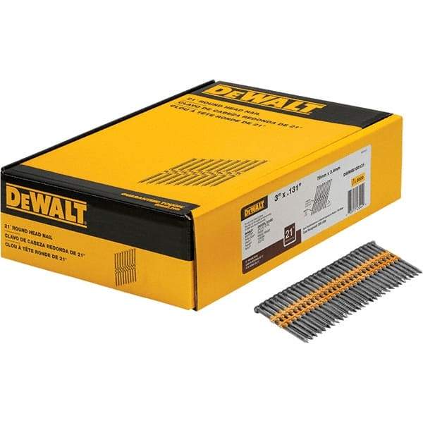 DeWALT - 9 Gauge 3" Long Framing Nails for Power Nailers - Steel, Bright Finish, Smooth Shank, Angled Stick Collation, Round Head - Makers Industrial Supply