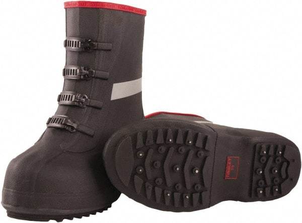 Tingley - Men's 6 (Women's 8) Traction Overboots - 12" High, Plain Toe, Cleated & Studded Sole, Rubber Upper, Black, 100% Liquid Proof, 4 Buckle - Makers Industrial Supply