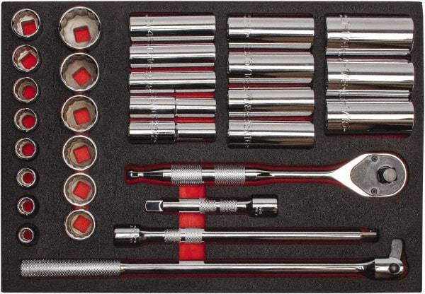 Proto - 30 Piece 1/2" Drive Chrome Finish Deep Well Socket Set - 12 Points, 3/8" to 1-1/4" Range, Inch Measurement Standard - Makers Industrial Supply