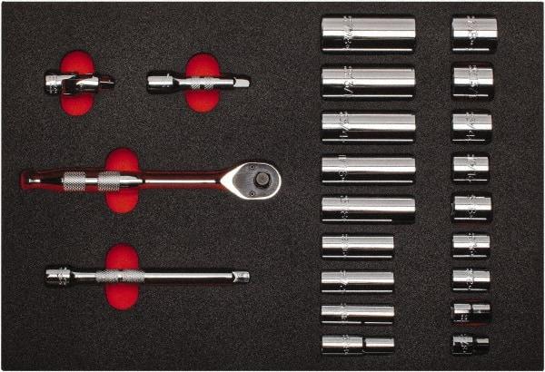 Proto - 22 Piece 3/8" Drive Chrome Finish Deep Well Socket Set - 12 Points, 3/8" to 7/8" Range, Inch Measurement Standard - Makers Industrial Supply