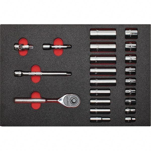 Proto - 22 Piece 3/8" Drive Chrome Finish Deep Well Socket Set - 12 Points, 3/8" to 7/8" Range, Inch Measurement Standard - Makers Industrial Supply