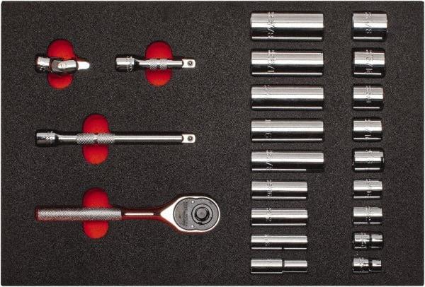 Proto - 22 Piece 3/8" Drive Chrome Finish Deep Well Socket Set - 6 Points, 3/8" to 7/8" Range, Inch Measurement Standard - Makers Industrial Supply