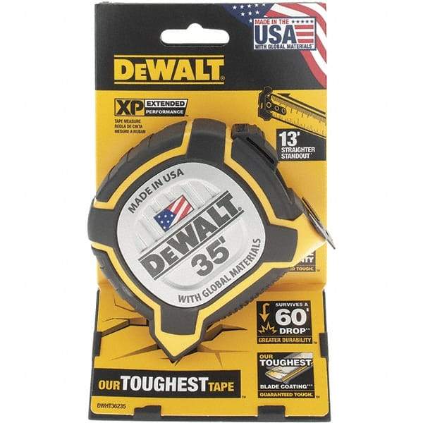 DeWALT - 35' x 1-1/4" Yellow Steel Blade Tape Measure - 1/16" Graduation, Yellow/Black ABS Plastic Case - Makers Industrial Supply