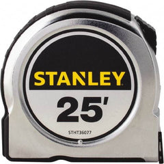 Stanley - 25' x 1" Yellow Steel Blade Tape Measure - 1/16" Graduation, Chrome ABS Plastic Case - Makers Industrial Supply