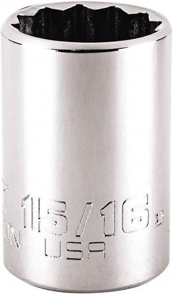 Proto - 15/16", 1/2" Drive, Standard Hand Socket - 12 Points, 1-7/8" OAL, Steel, Chrome Finish - Makers Industrial Supply