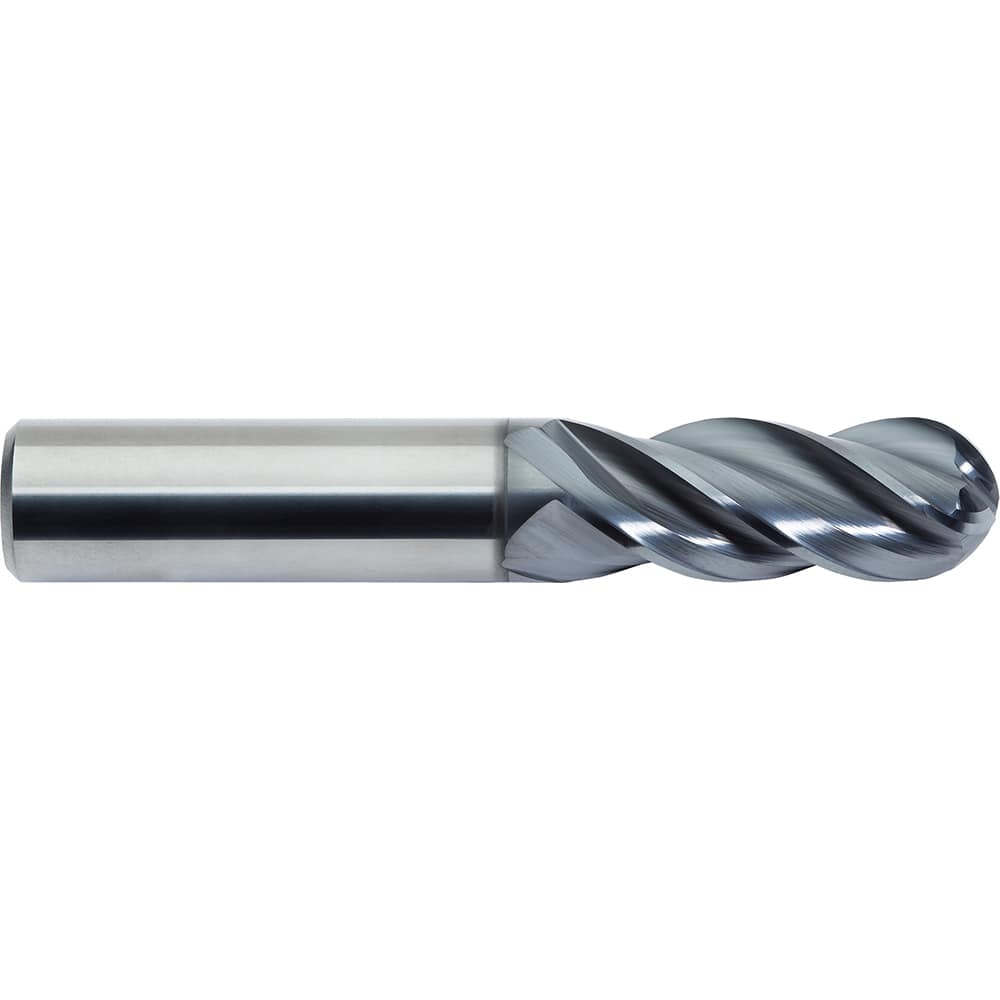 Ball End Mill: 0.4375″ Dia, 0.5″ LOC, 4 Flute, Solid Carbide 2-1/2″ OAL, 7/16″ Shank Dia, 35 & 38 ° Helix, ALtima Blaze Coated, Single End, Series 279