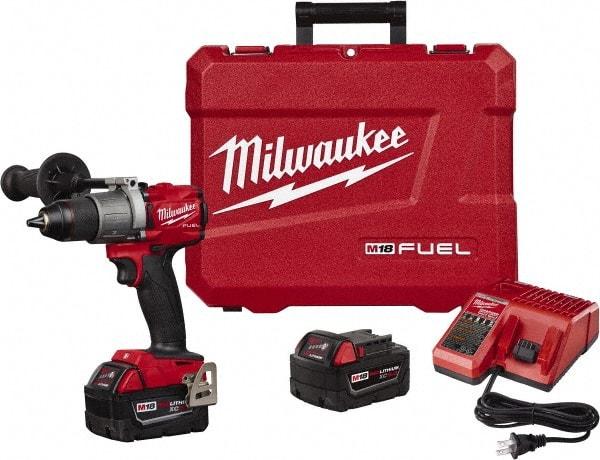 Milwaukee Tool - 18 Volt 1/2" Chuck Pistol Grip Handle Cordless Drill - 0-550 & 0-2000 RPM, Single-Sleeve Ratcheting Chuck, Reversible, 2 Lithium-Ion Batteries Included - Makers Industrial Supply