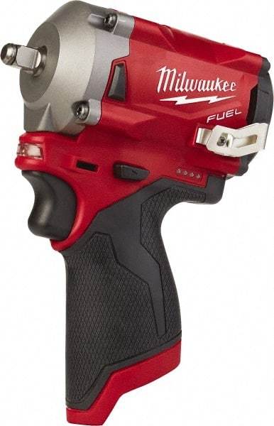 Milwaukee Tool - 1/4" Drive 12 Volt Pistol Grip Cordless Impact Wrench & Ratchet - 3,200 RPM, 0 to 3,200 BPM, 100 Ft/Lb Torque, 2 Lithium-Ion Batteries Included - Makers Industrial Supply