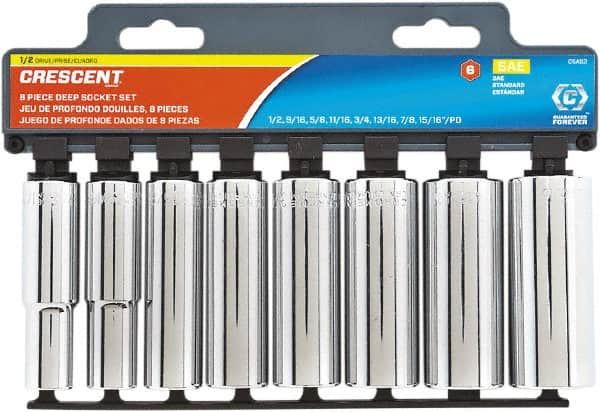 Crescent - 8 Piece 1/2" Drive Chrome Vanadium Finish Deep Well Socket Set - 6 Points, 12mm to 21mm Range, Metric Measurement Standard - Makers Industrial Supply