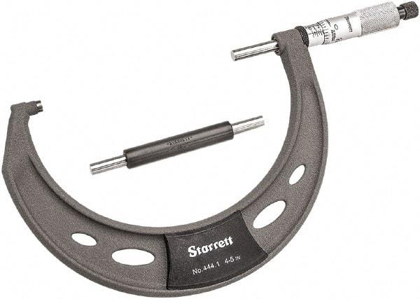 Starrett - 4 to 5" Range, 0.0001" Graduation, Mechanical Outside Micrometer - Ratchet Thimble, 2-3/4" Throat Depth, Accurate to 0.0001" - Makers Industrial Supply