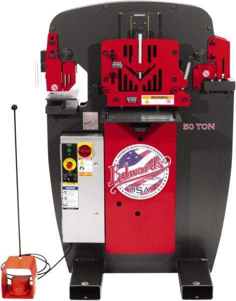 Edwards Manufacturing - 7" Throat Depth, 50 Ton Punch Pressure, 1" in 5/8" Punch Capacity Ironworker - 5 hp, 3 Phase, 230 Volts, 36-3/4" Wide x 54-1/2" High x 36-1/8" Deep - Makers Industrial Supply