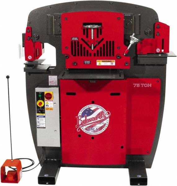 Edwards Manufacturing - 10" Throat Depth, 75 Ton Punch Pressure, 1-1/16" in 7/8" Punch Capacity Ironworker - 7-1/2 hp, 3 Phase, 230 Volts, 50" Wide x 60-1/4" High x 45" Deep - Makers Industrial Supply