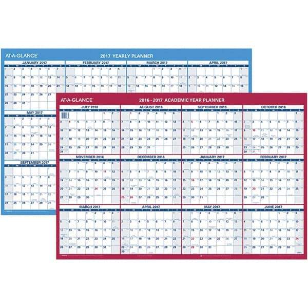 AT-A-GLANCE - 1 Sheet, 36 x 24", Erasable Wall Calendar - Blue, White & Red - Makers Industrial Supply