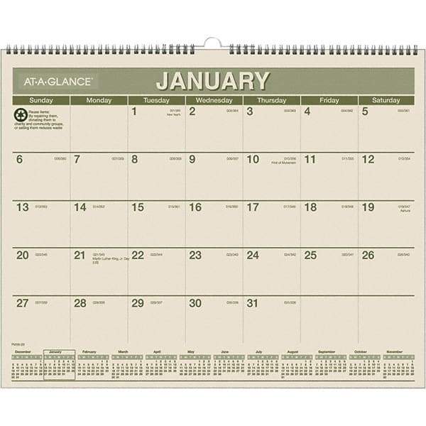 AT-A-GLANCE - 12 Sheet, 15 x 12", Wall Calendar - Green & White - Makers Industrial Supply