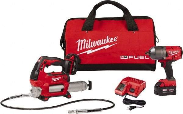 Milwaukee Tool - 1/2" Drive 18 Volt Pistol Grip Cordless Impact Wrench & Ratchet - 550/1,400/1,750 RPM, 0 to 2,100 BPM, 1,400 Ft/Lb Torque, 2 Lithium-Ion Batteries Included - Makers Industrial Supply