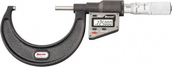 Starrett - 50.8 to 76 mm Range, 0.0001" Resolution, Standard Throat, Electronic Outside Micrometer - 0.0001" Accuracy, Friction Thimble, Micro Lapped Carbide Face, CR2450 Battery, Includes 3V Battery - Makers Industrial Supply