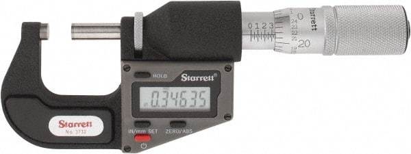 Starrett - 0 to 25 mm Range, 0.0001" Resolution, Standard Throat, Electronic Outside Micrometer - 0.0001" Accuracy, Friction Thimble, Micro Lapped Carbide Face, CR2450 Battery, Includes 3V Battery - Makers Industrial Supply