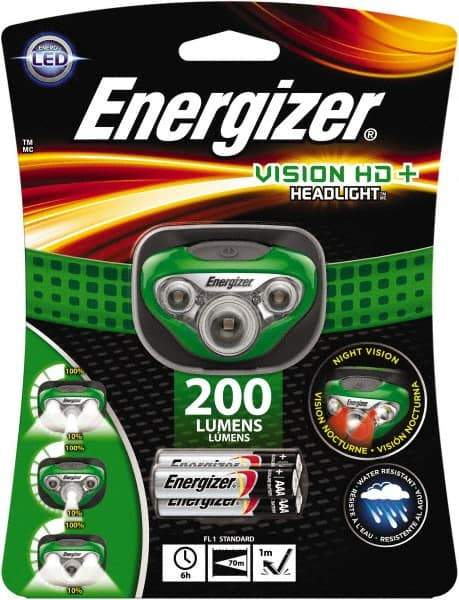 Energizer - White, Red LED Bulb, 200 Lumens, Hands-free Flashlight - Green Plastic Body, 3 AAA Alkaline Batteries Included - Makers Industrial Supply