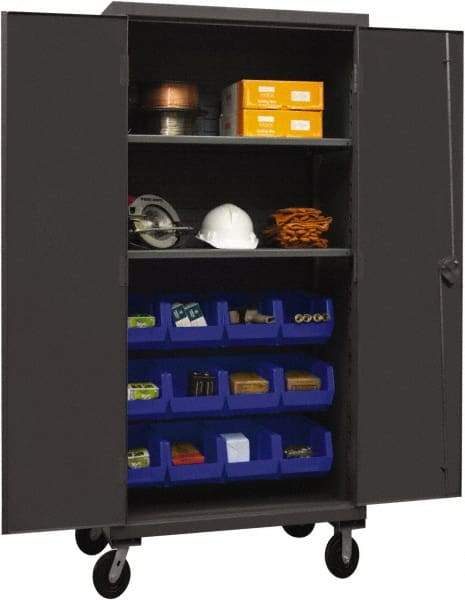 Durham - 2 Shelf 12 Bin Mobile Storage Cabinet - Steel, 36" Wide x 24" Deep x 80" High, Blue - Makers Industrial Supply