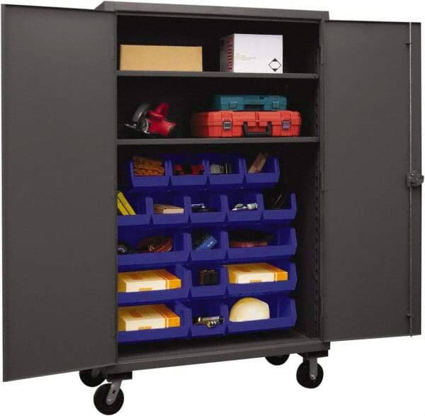 Durham - 2 Shelf 18 Bin Mobile Storage Cabinet - Steel, 48" Wide x 24" Deep x 80" High, Blue - Makers Industrial Supply