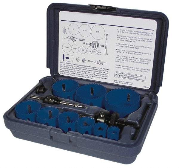 Disston - 9 Piece, 7/8" to 1-3/4" Saw Diam, Lockset Hole Saw Kit - Bi-Metal, Toothed Edge, Pilot Drill Model No. E0102457, Includes 6 Hole Saws - Makers Industrial Supply