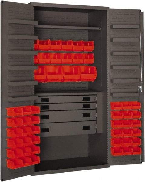 Durham - 2 Shelf 52 Bin Storage Cabinet - Steel, 36" Wide x 24" Deep x 72" High, Red - Makers Industrial Supply