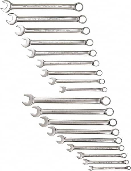 Proto - 18 Piece, 1/4" to 3/4" (mm), 12 Point Combination Wrench Set - Inch/Metric Measurement Standard, Satin Finish - Makers Industrial Supply