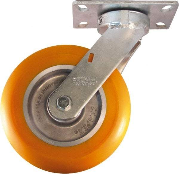 Caster Connection - 8" Diam x 2" Wide x 10-1/8" OAH Top Plate Mount Swivel Caster - Polyurethane on Aluminum, 1,200 Lb Capacity, Sealed Precision Ball Bearing, 4-1/2 x 6-1/4" Plate - Makers Industrial Supply