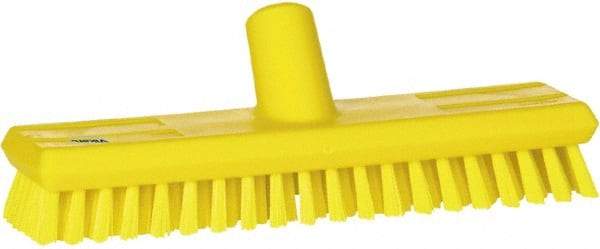 Vikan - 1" Bristle Length, Polyester Scrub Brush - 10-5/8" Long x 2-1/2" Wide Head, 11" OAL, European Threaded Handle, Yellow, Polypropylene Block - Makers Industrial Supply