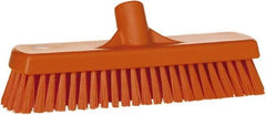 Vikan - 1.7" Bristle Length, Polyester Scrub Brush - 11-1/4" Long x 3" Wide Head, 12" OAL, European Threaded Handle, Orange, Polypropylene Block - Makers Industrial Supply