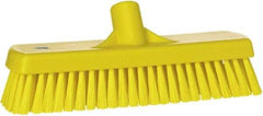 Vikan - 1.7" Bristle Length, Polyester Scrub Brush - 11-1/4" Long x 3" Wide Head, 12" OAL, European Threaded Handle, Yellow, Polypropylene Block - Makers Industrial Supply