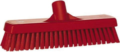 Vikan - 1.7" Bristle Length, Polyester Scrub Brush - 11-1/4" Long x 3" Wide Head, 12" OAL, European Threaded Handle, Red, Polypropylene Block - Makers Industrial Supply