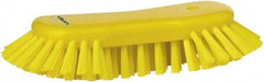 Vikan - 1.3" Bristle Length, Polyester Utility Scrub Brush - 7-3/4" Long x 3" Wide Head, 8" OAL, European Threaded Handle, Yellow, Polypropylene Block - Makers Industrial Supply