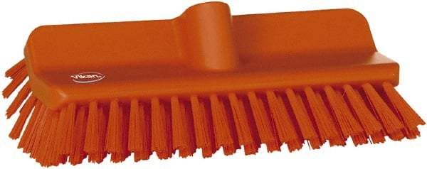 Vikan - 1-1/2" Bristle Length, Polyester Cleaning & Finishing Brush - 9-5/8" Long x 5" Wide Head, 10" OAL, European Threaded Handle, Orange, Polypropylene Block - Makers Industrial Supply