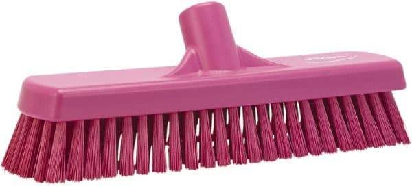 Vikan - 1.7" Bristle Length, Polyester Scrub Brush - 11-1/4" Long x 3" Wide Head, 12" OAL, European Threaded Handle, Pink, Polypropylene Block - Makers Industrial Supply