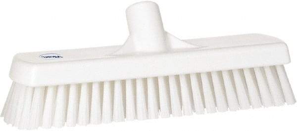 Vikan - 1.7" Bristle Length, Polyester Scrub Brush - 11-1/4" Long x 3" Wide Head, 12" OAL, European Threaded Handle, White, Polypropylene Block - Makers Industrial Supply