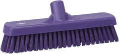 Vikan - 1.7" Bristle Length, Polyester Scrub Brush - 11-1/4" Long x 3" Wide Head, 12" OAL, European Threaded Handle, Purple, Polypropylene Block - Makers Industrial Supply