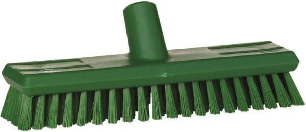 Vikan - 1.3" Bristle Length, Polyester Scrub Brush - 10-3/4" Long x 2-1/2" Wide Head, 11" OAL, European Threaded Handle, Green, Polypropylene Block - Makers Industrial Supply