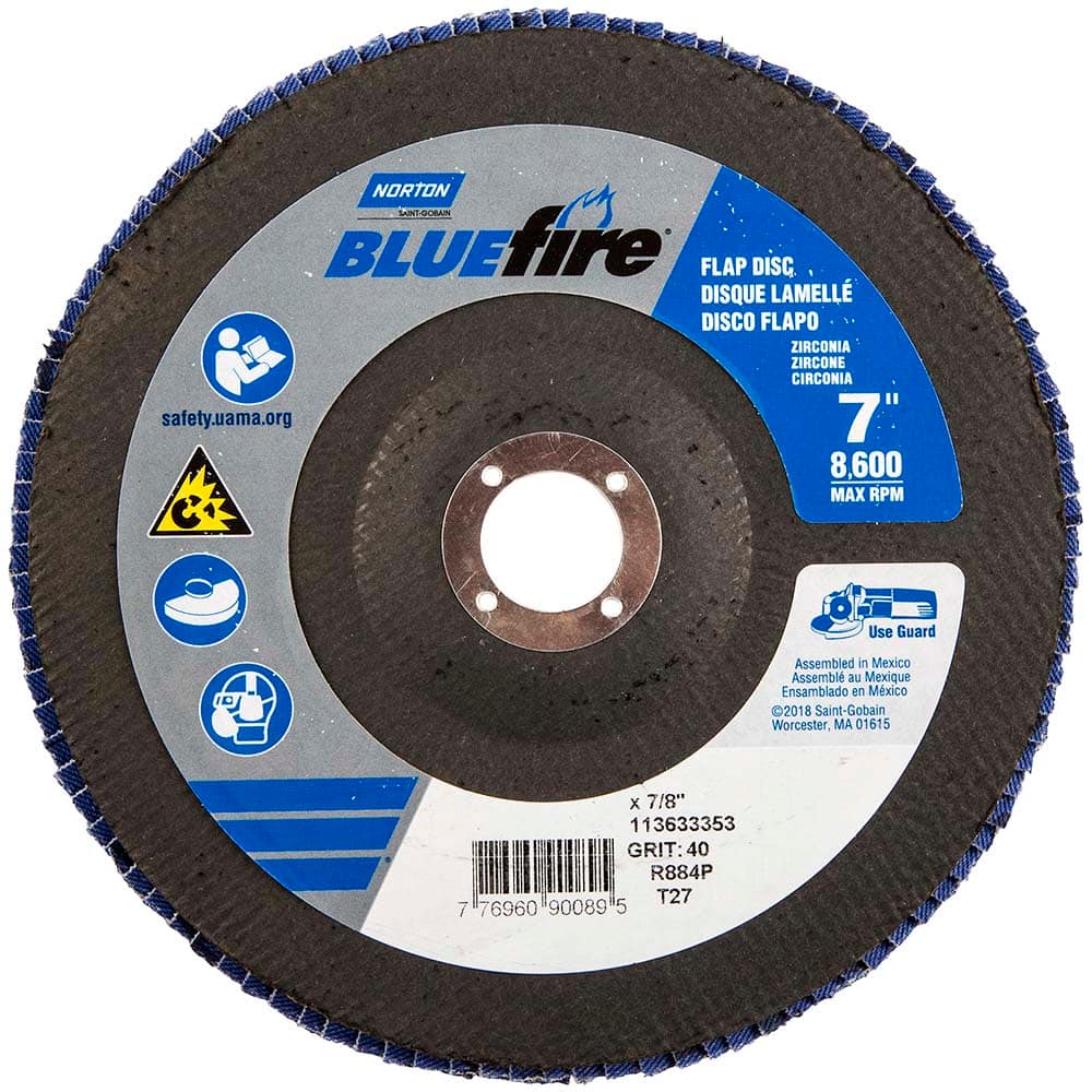 Norton - 7" 40 Grit 7/8" Center Hole Type 27 Zirconia Alumina Flap Disc - Makers Industrial Supply