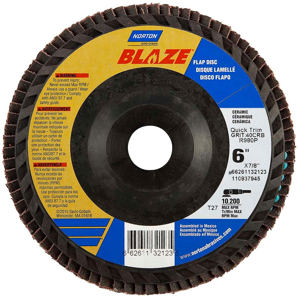 Flap Disc: 7/8″ Hole, 40 Grit, Ceramic Alumina, Type 27 Coated, Extra Coarse Grade, Polyester-Backed, 10,200 RPM