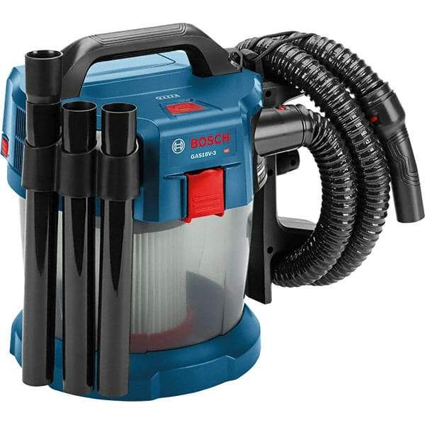 Bosch - 2.6 Gal Plastic Tank, Battery Powered Wet/Dry Vacuum - 18 Volt, 6.3 Amps, 5-1/4' Hose Fitting, Cordless - Makers Industrial Supply