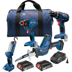 Bosch - 13 Piece 18 Volt Cordless Tool Combination Kit - Includes 1/2" Compact Drill/Driver, Impact Driver, Compact Reciprocating Saw & Work Light, Lithium-Ion Battery Included - Makers Industrial Supply