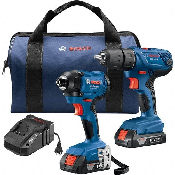 Bosch - 7 Piece 18 Volt Cordless Tool Combination Kit - Includes 1/2" Compact Drill/Driver & 1/4" Impact Driver, Lithium-Ion Battery Included - Makers Industrial Supply