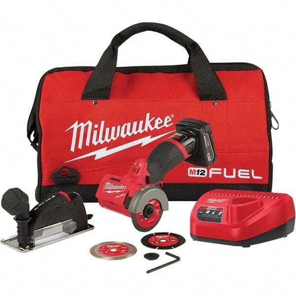 Milwaukee Tool - 3" Wheel Diam, 20,000 RPM, Cordless Cutoff & Cutoff-Grinder Tool - Trigger Handle, 12 Volt, Battery Included - Makers Industrial Supply