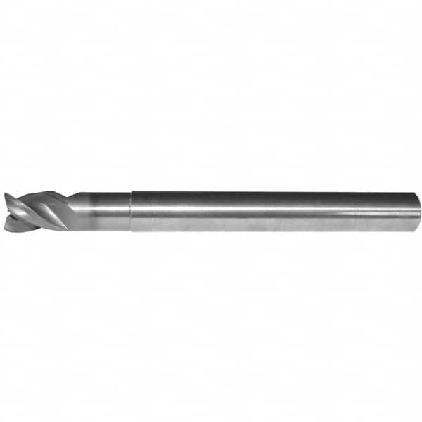 Corner Radius End Mill: 0.3937″ Dia, 0.5906″ LOC, 0.0394″ Radius, 3 Flutes, Solid Carbide 38 ° Helix, Bright/Uncoated, Corner Radius End, Series ABDE