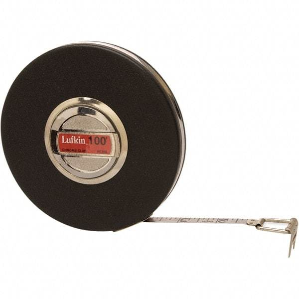 Lufkin - 100' x 3/8" Silver Steel Blade Tape Measure - 1/8" Graduation, Inch Graduation Style, Black Steel Case - Makers Industrial Supply